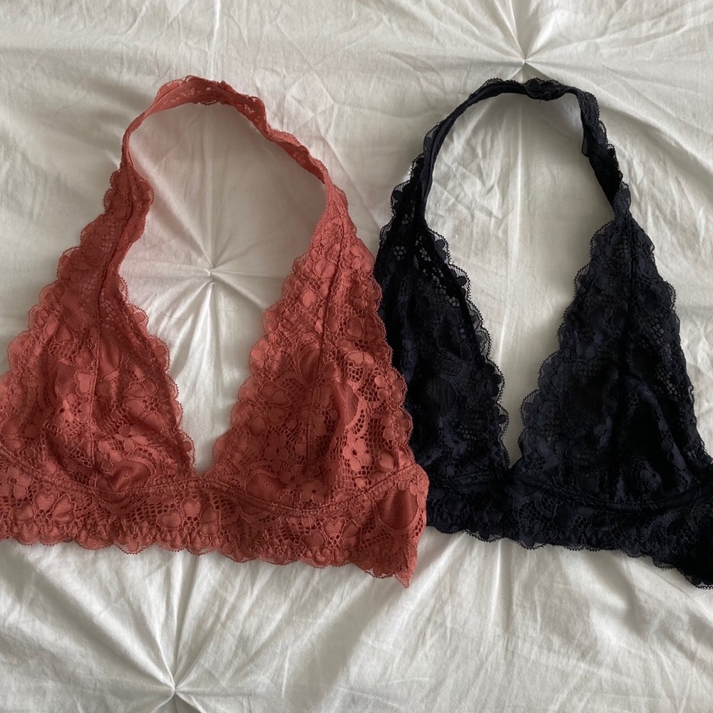 Two FREE PEOPLE “Galloon” halter bralettes